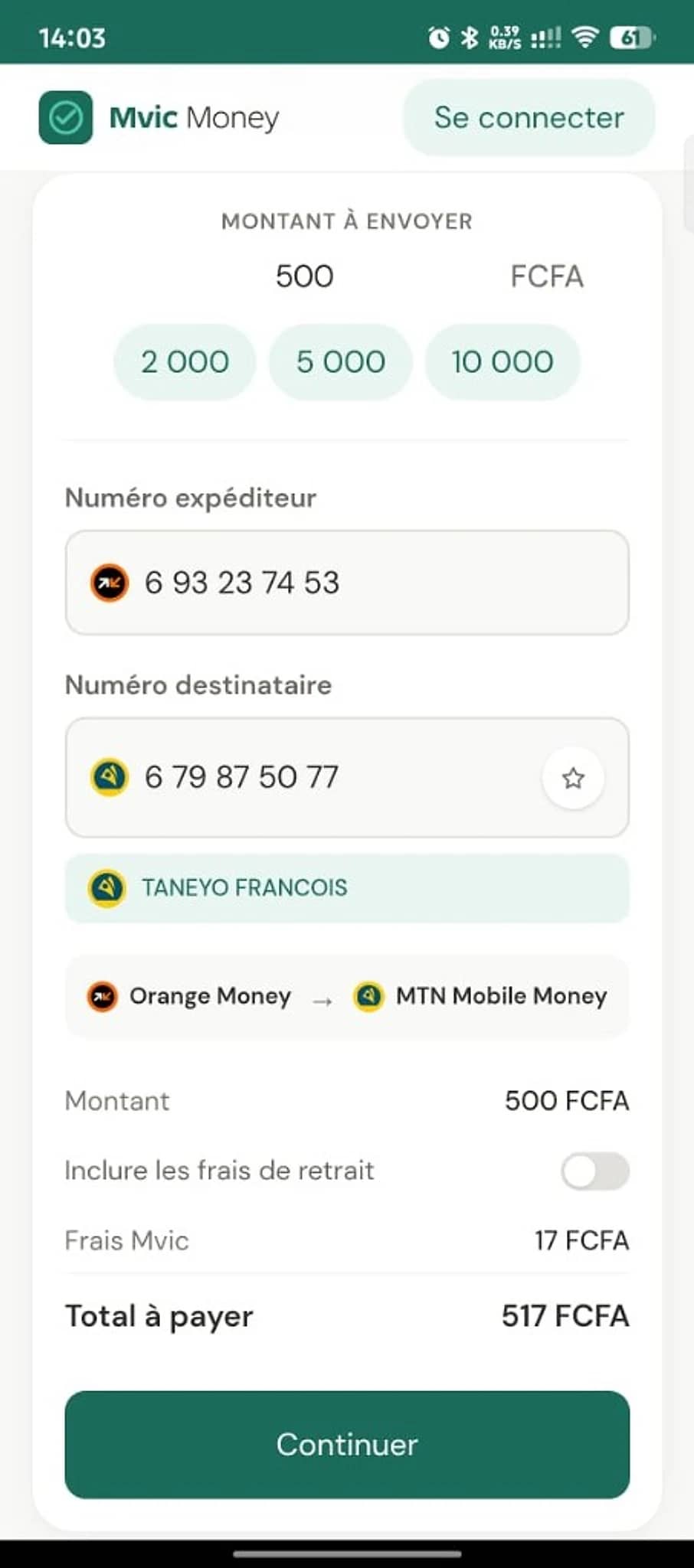 Saisie du montant à envoyer