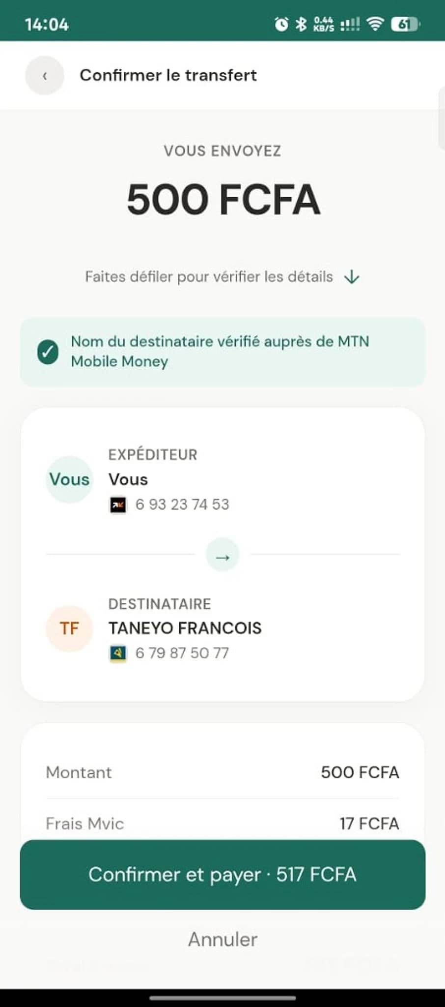 Confirmation du transfert, frais visibles