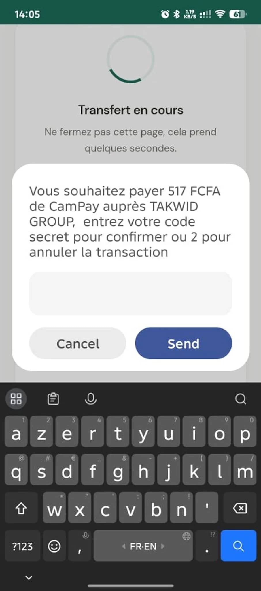 Validation du code secret sur le téléphone